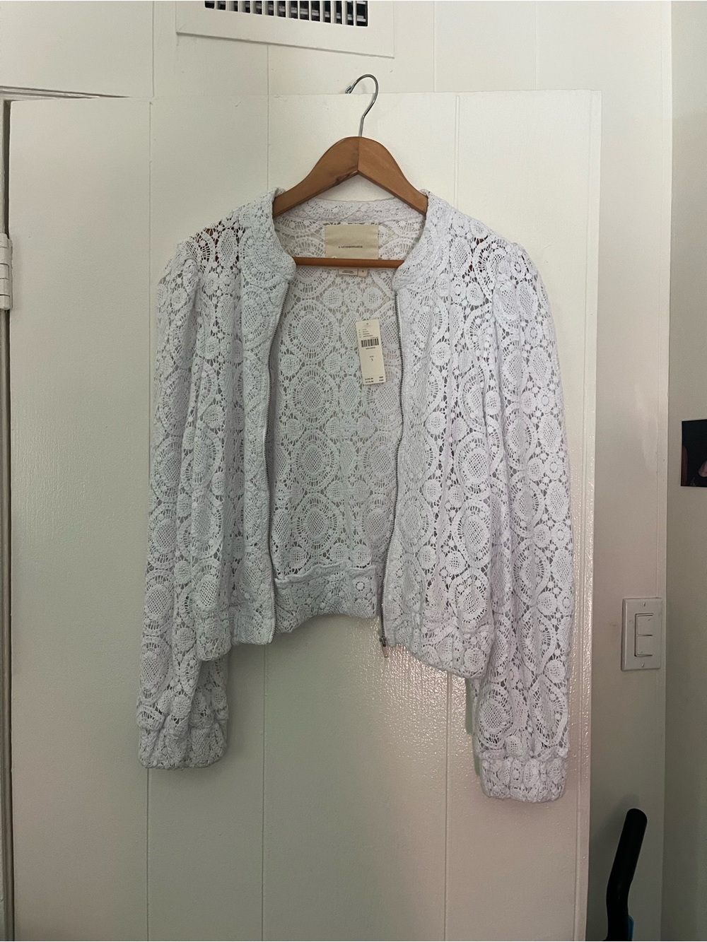 Anthropologie White Lace Bomber Jacket size small
